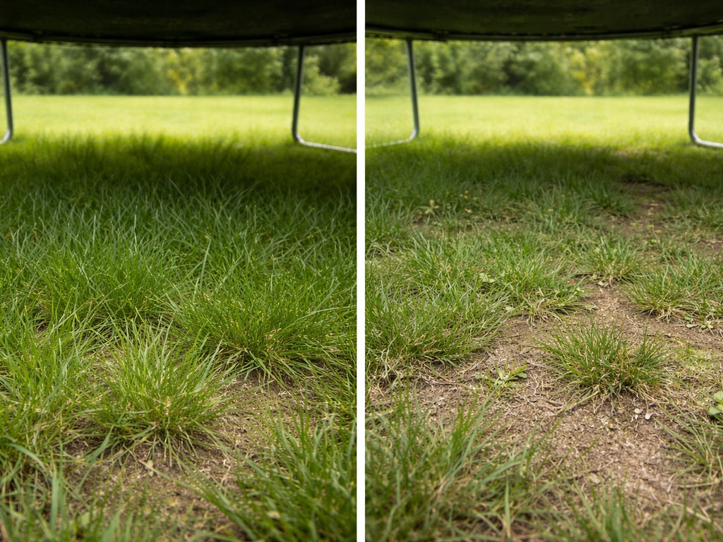 Trampoline mat shadow area with greener grass than nearby lawn in side-by-side split view.