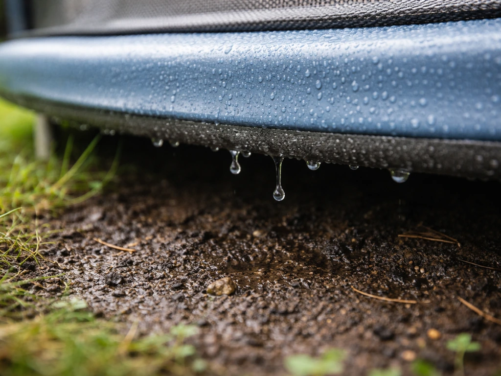 Damp soil and condensation droplets beneath a trampoline mat after light rain, showing reduced evaporation.