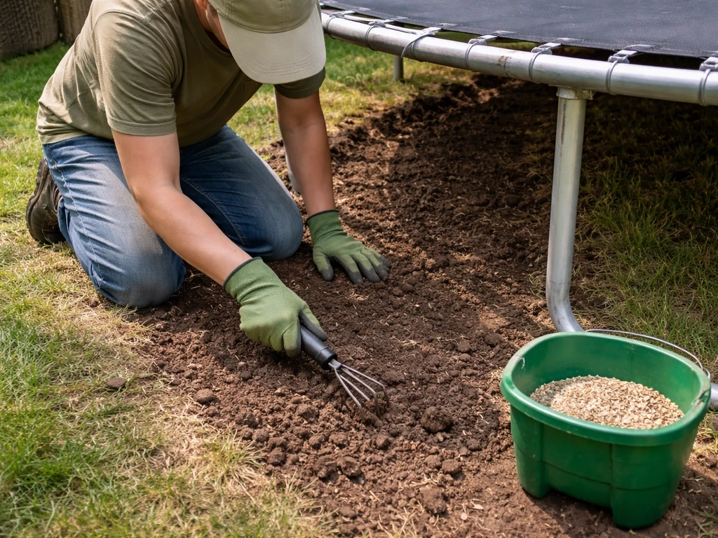 Anonymous person aerating soil and broadcasting grass seed in the narrow strip under a trampoline