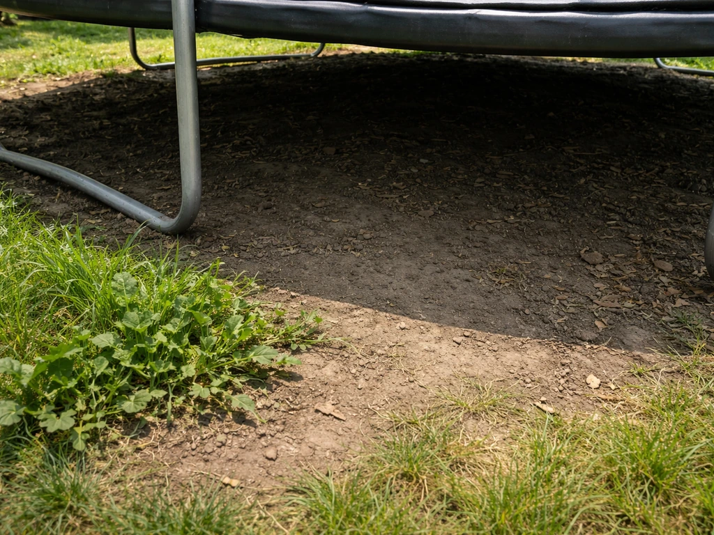 Bare, dry soil under a trampoline with deep shade and a nearby weed clump where grass won’t take.