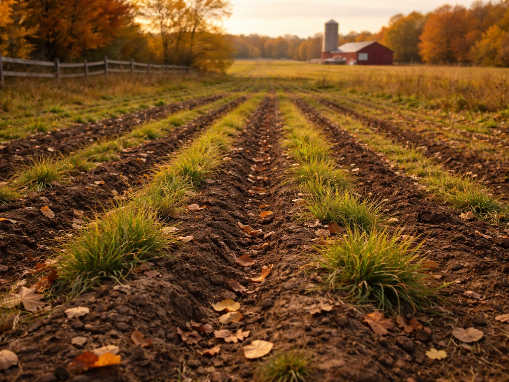 Autumn view of a Stardew Valley–style farm with orange and yellow grass regrowing on tilled soil.