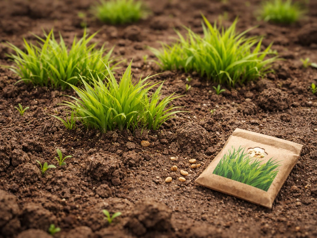 Close-up of Stardew Valley-style grass tufts spreading on tilled soil with a grass starter item nearby.