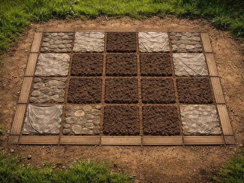 Top-down view of a simple farm plot showing tillable soil tiles next to blocked ground where grass can’t spread.