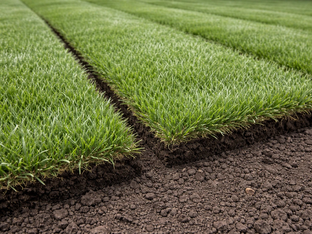 Close-up of freshly laid sod strips on prepared soil, showing turf mat edges for early establishment.