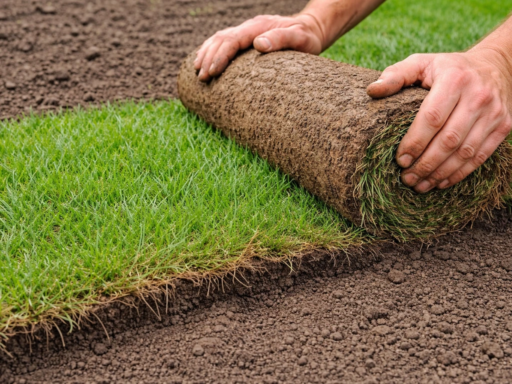 Fresh sod roll being unrolled, showing turfgrass blades and thin soil/root mat layer.