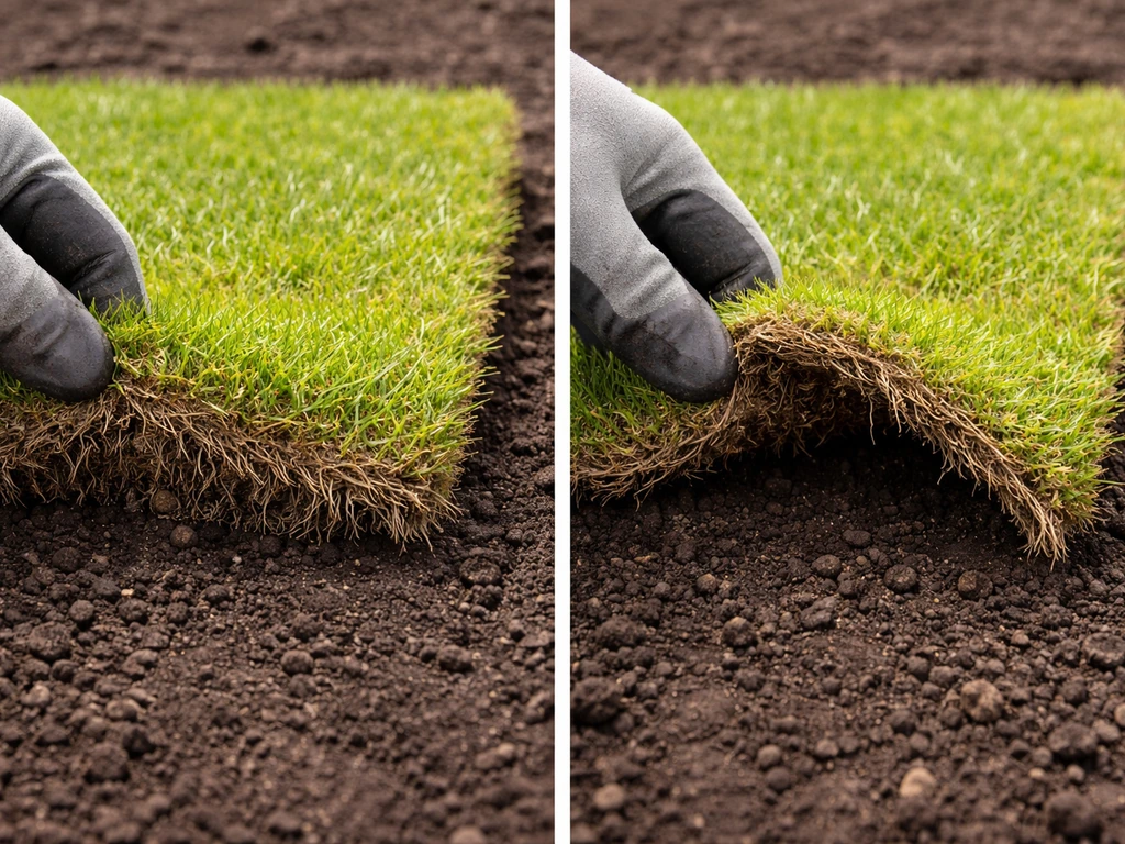 Two sod corners side-by-side: left resists when tugged, right lifts easily from the soil.