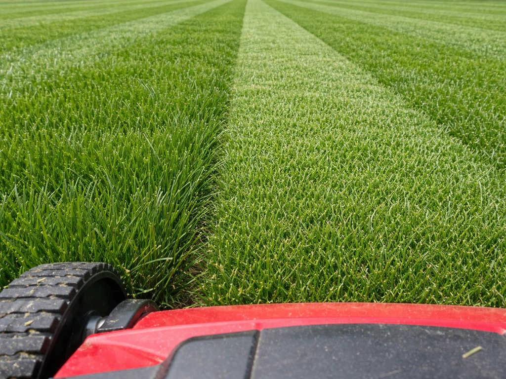 First mow of rooted sod lawn with mower blade cutting clean straight lines in green turf.