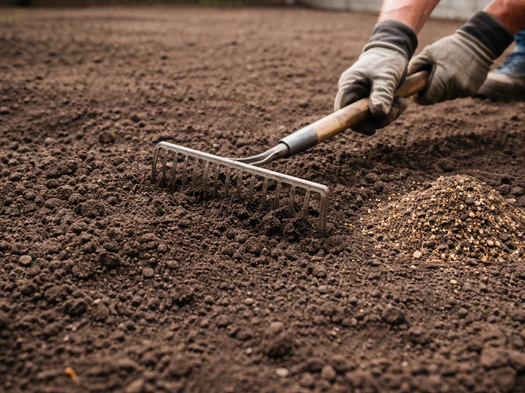 Hands using a garden rake to loosen soil and spread a soil amendment for new sod