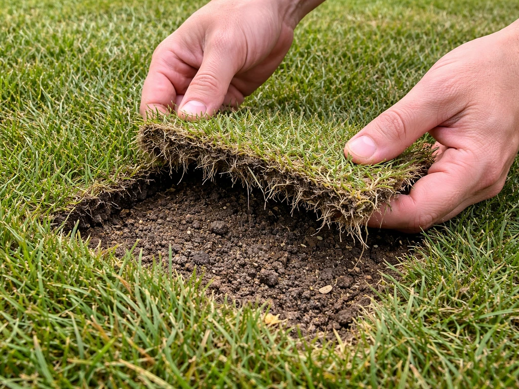 Hands lifting a failing sod patch to inspect the underside roots against healthier intact sections