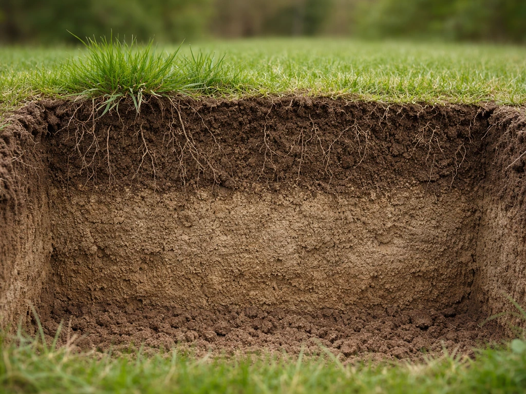 Close-up soil cross-section showing a 4–6 inch grass root zone beneath the surface
