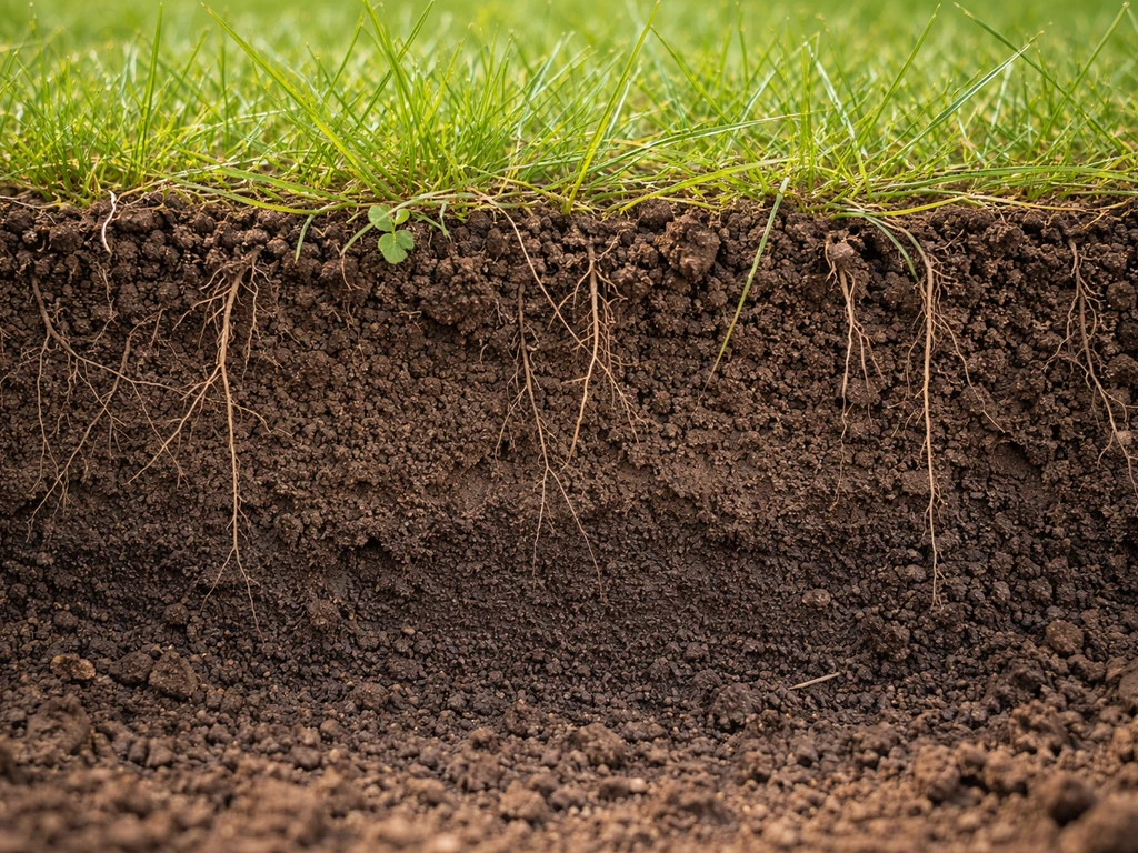 Soil cross-section showing loose topsoil and grass roots anchoring in a 4–6 inch root zone.