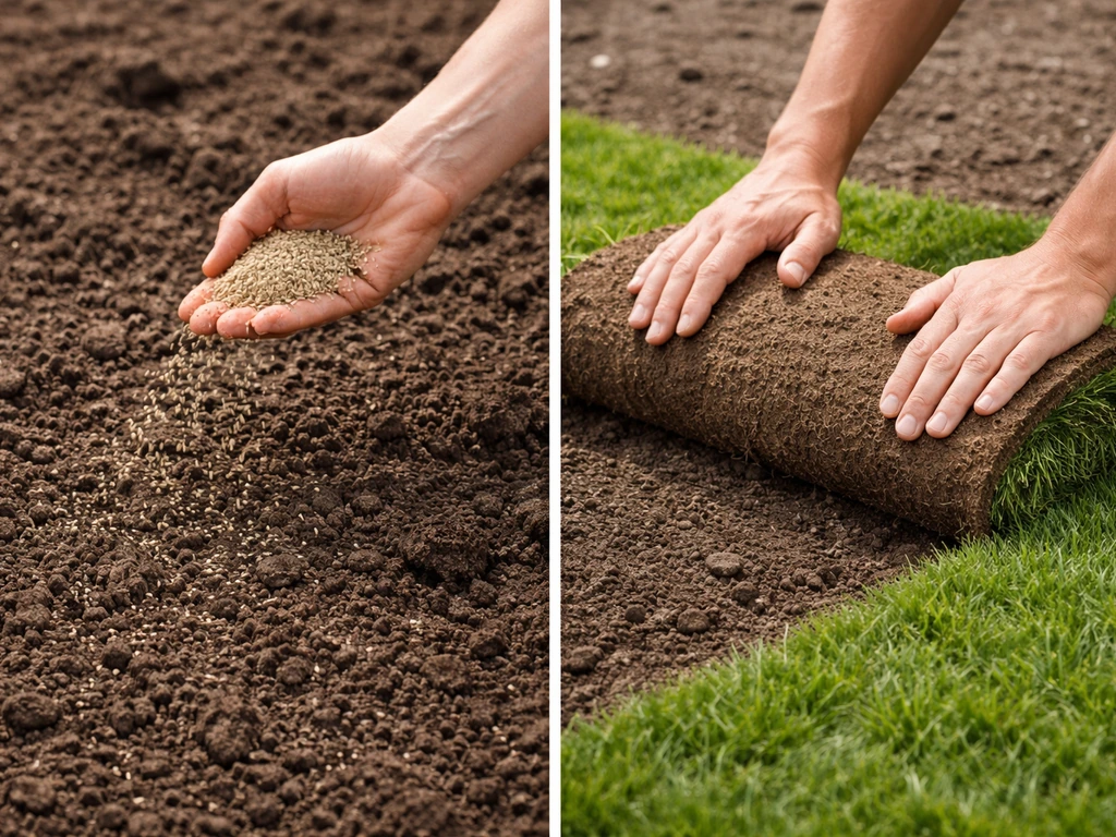 Split image: hands sowing grass seed on loosened soil vs hands laying sod rolls on prepared ground.