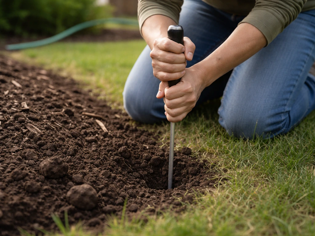 Homeowner kneels and pushes a long screwdriver into yard soil to measure usable soil depth.
