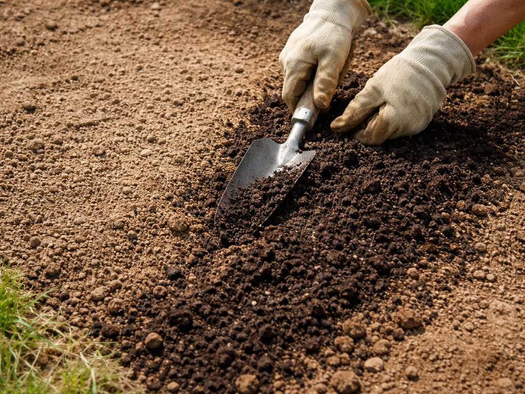 Gloved hands mixing dark compost into thin soil in a garden bed, building thicker turf-friendly ground.