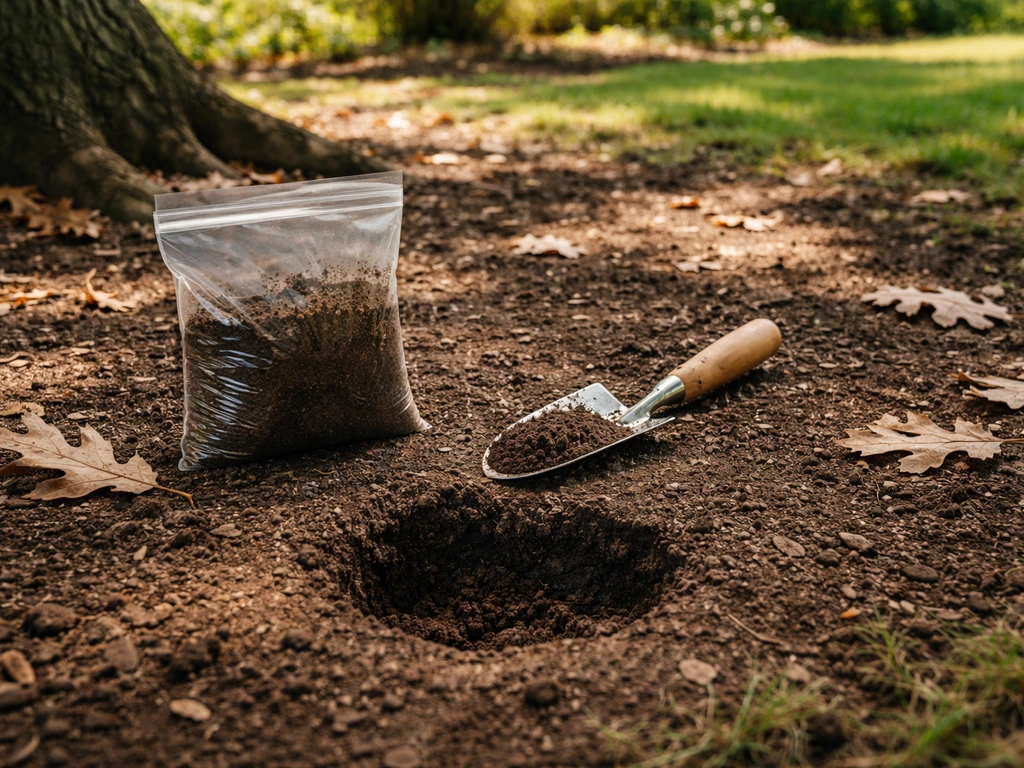 Soil sample bag and scoop beside a small excavated hole under an oak in shaded soil