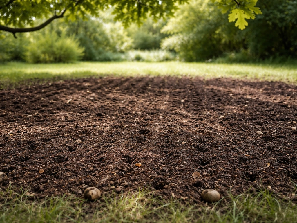 Finished compost topdressing spread and lightly raked into aeration holes on grass beneath an oak tree.