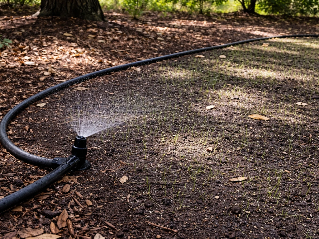 Garden sprinkler running over freshly seeded shaded lawn under an oak tree at soil level.