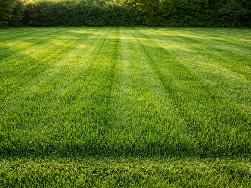 Warm daylight view of a healthy tall lawn with crisp mower lines, suggesting safe long-grass mowing.