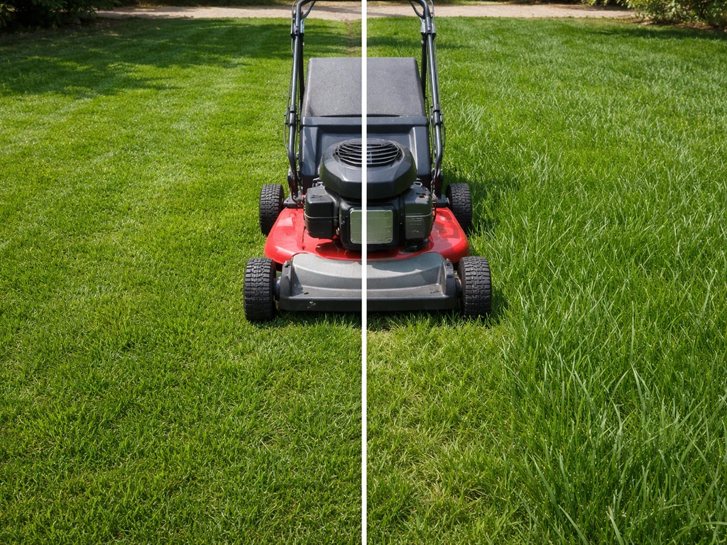Side-by-side lawn sections showing short-cut vs taller grass height from different mower settings.