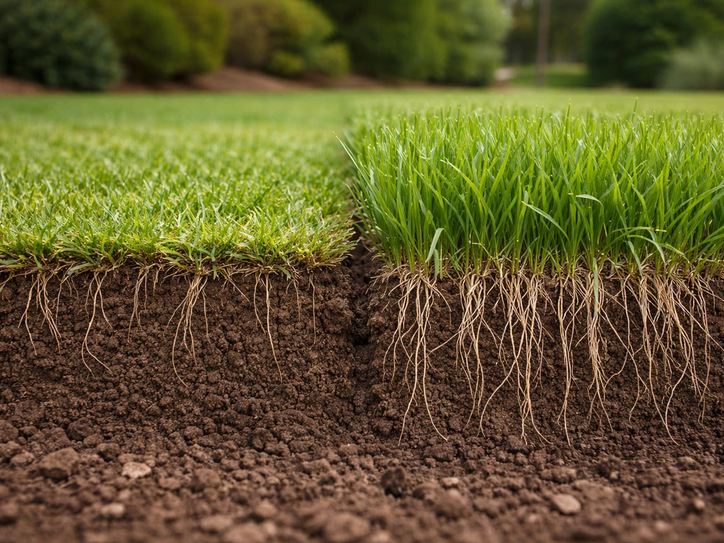 Side-by-side lawn showing deeper roots in higher-mowed grass versus shallow roots in short-cut grass