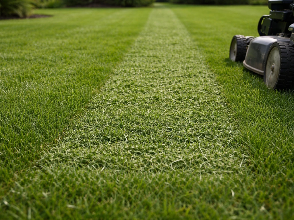 Mowed lawn with short grass clippings left behind, no bagging, consistent grass height visible.