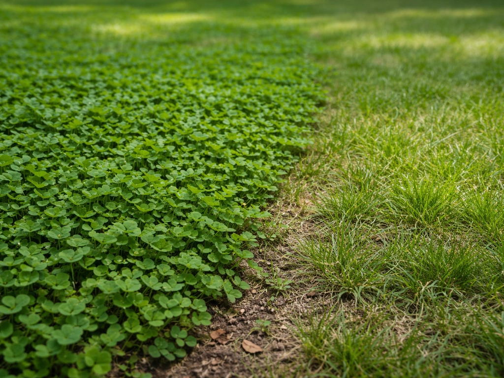Clover-rich patch with low green leaves growing alongside grass in a natural yard lawn