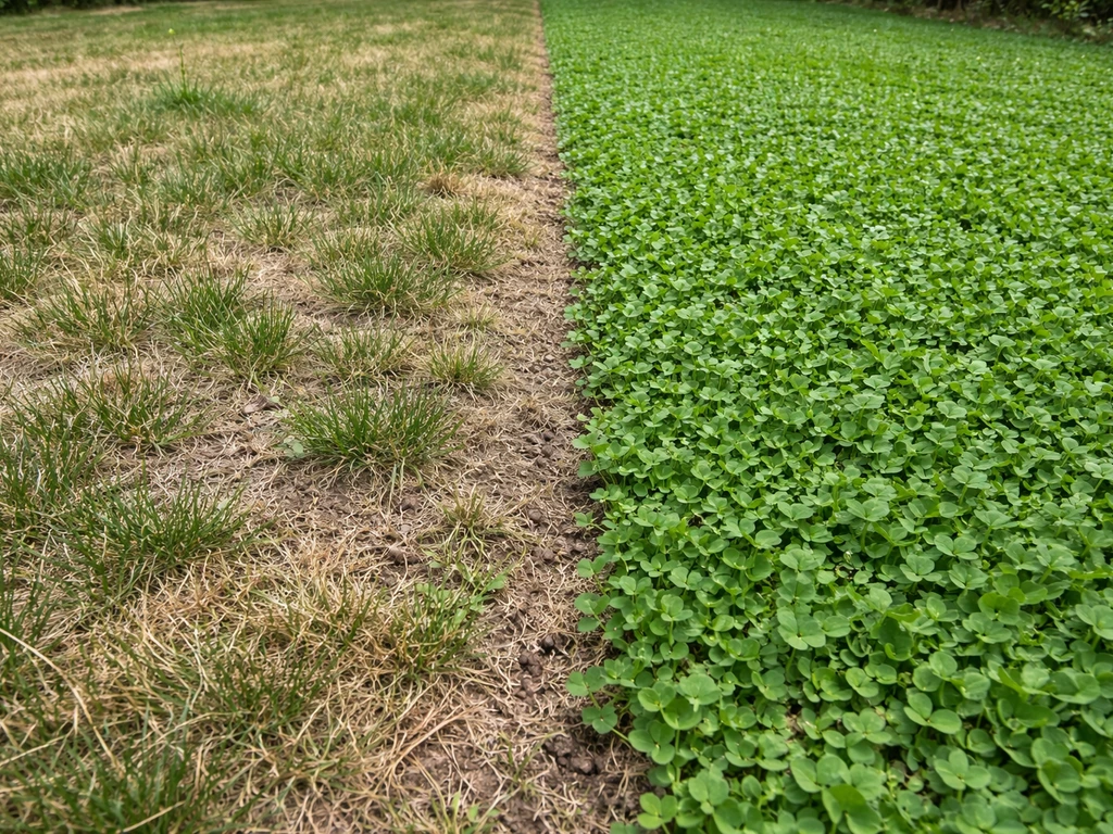 Close-up side-by-side lawn: browned stressed grass vs dense healthier clover cover under tough conditions