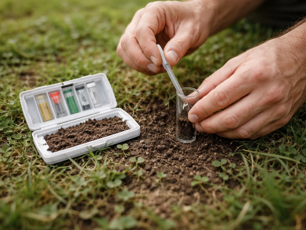 Close-up of hands using a soil test kit to check lawn soil pH in a small patch of ground.