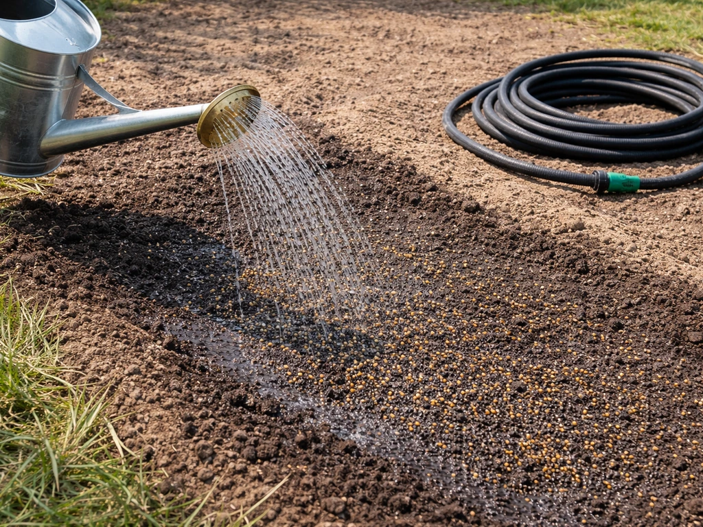 Watering a small freshly seeded clover bed with a watering can, moist soil and soaker hose nearby.