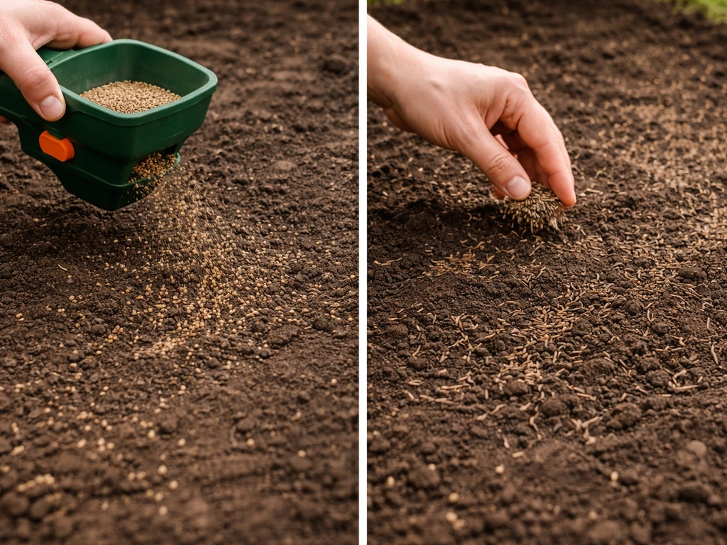 Two-close-detail scene of clover and grass seeds being broadcast onto soil, showing distinct coverage.