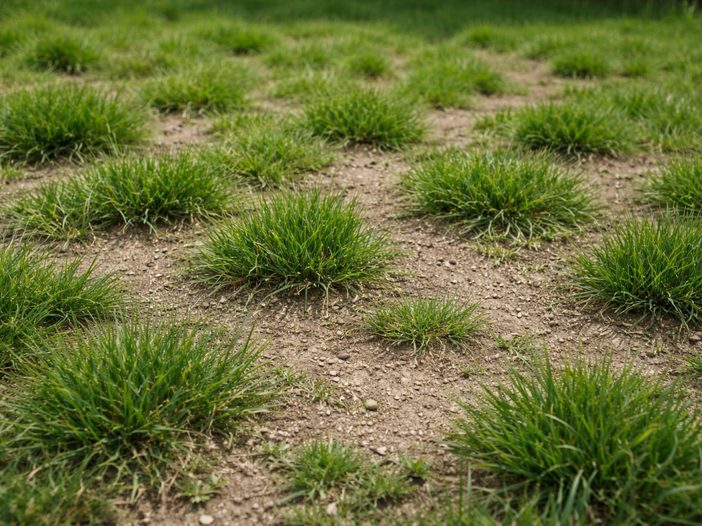 Close-up of a lawn with visible grass clumps and small bare gaps in between