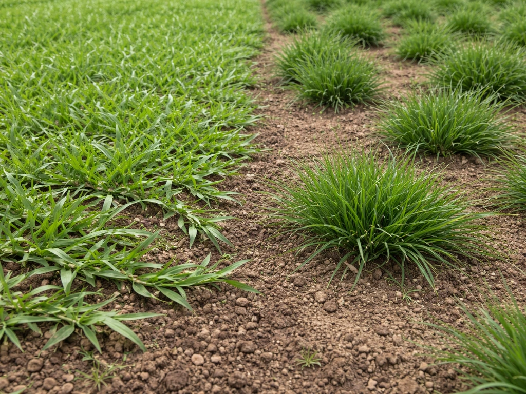 Close-up comparison of spreading grass filling gaps versus clumping bunch-type grass forming mounded clumps.