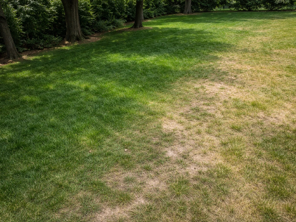 Angled aerial view of a yard with greener moist grass under trees and drier patchy areas elsewhere