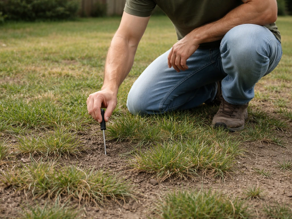 Homeowner kneeling by a clumpy lawn area holding a screwdriver near soil compaction test spot