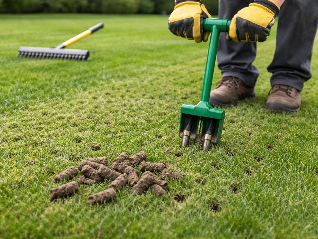 Lawn core aeration with extracted soil plugs and small holes, with a nearby dethatching/verticutting tool