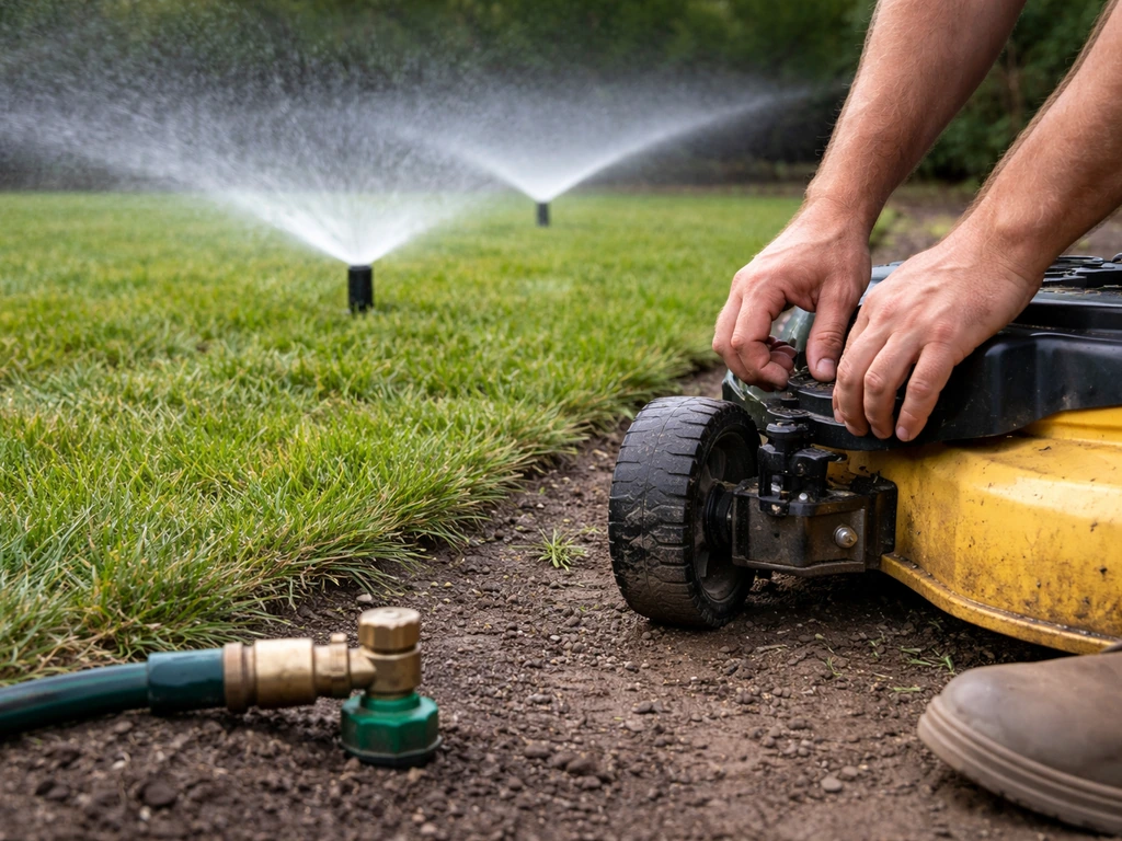 Hands adjusting mower height beside a sprinkler head spraying over a clumpy lawn section.