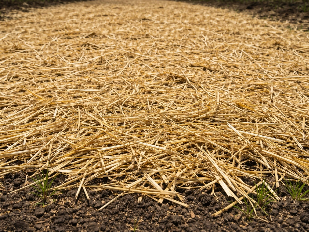 Fresh straw mulch spread over a newly seeded grass area with soil visible underneath.