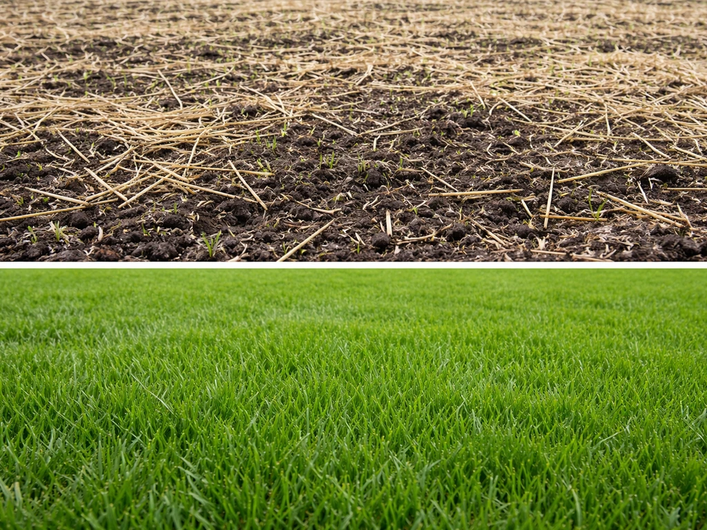 Top: straw-covered seedbed with small sprouts; bottom: established turf with no straw visible.