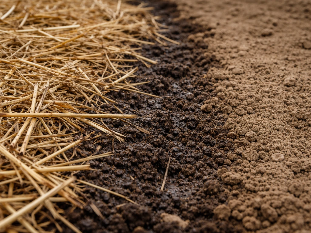 Close-up of straw mulch over damp soil with a small adjacent patch of dry exposed soil
