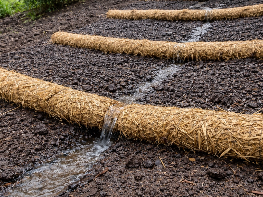 Straw wattles on a sloped garden bed cradling soil as water runs around them