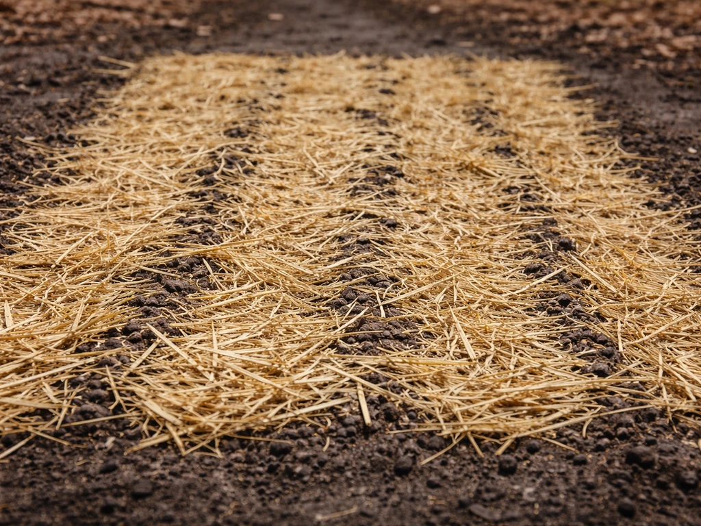 Bare seeded soil bed covered with evenly laid straw for moisture protection.