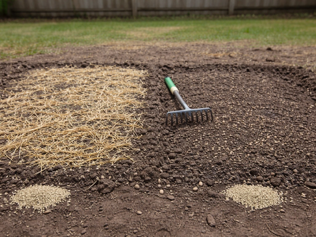 Side-by-side lawn seedbeds showing grass seed in soil, with straw mulch on one bed and none on the other.