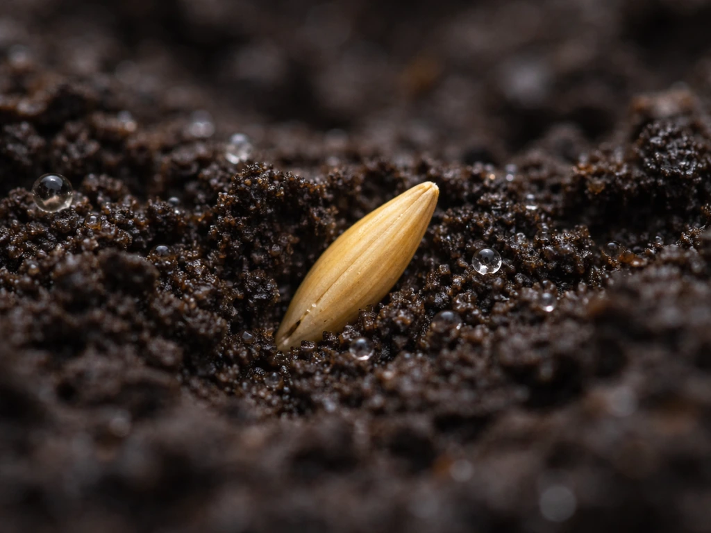 Close-up of grass seed nestled in dark soil with moisture droplets, showing seed-to-soil contact.