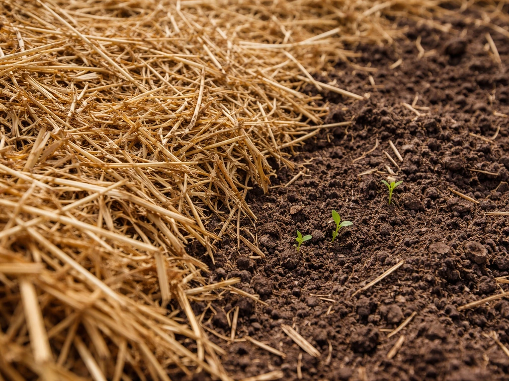 Close-up of soil covered by thick matted straw blocking seedlings, with a nearby clearer patch showing slight emergence.