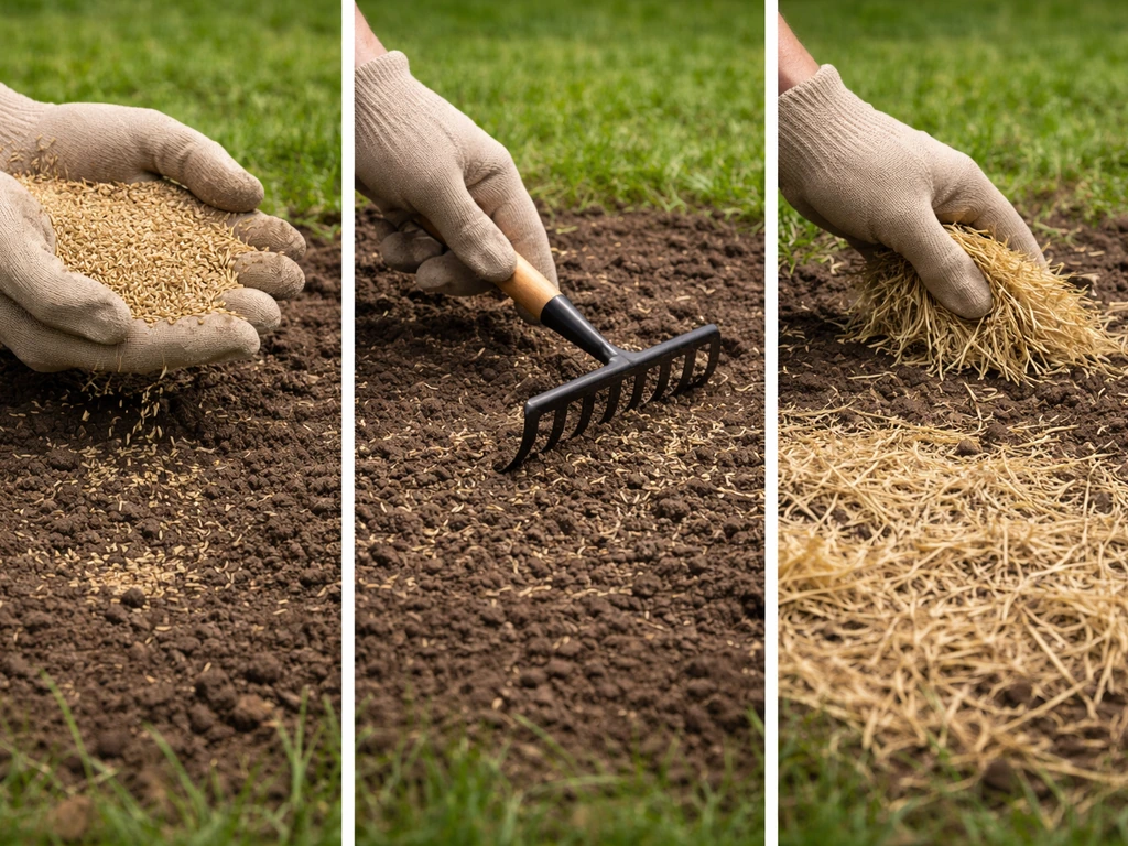 Close-up of hands and rake spreading grass seed, then lightly adding straw for seed-to-soil contact