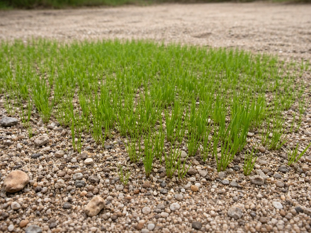 Young green grass seedlings thriving in coarse sandy soil in a simple yard patch