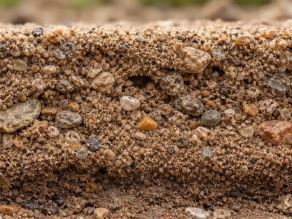 Macro cross-section of coarse sandy gravel soil with visible large pores and damp darker layer.