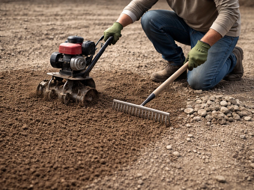 Hands using a rake to pull rocks while a small rototiller loosens coarse dirt for a seedbed