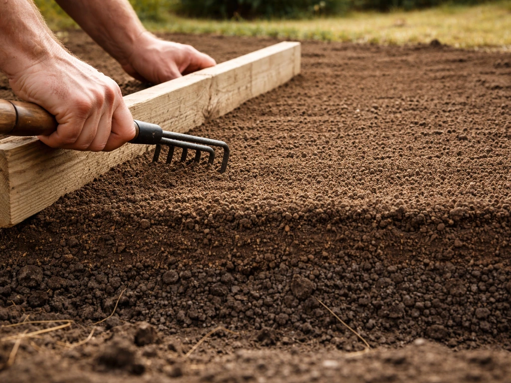 Hands leveling screened topsoil over coarse dirt to build a 4-inch workable lawn root zone