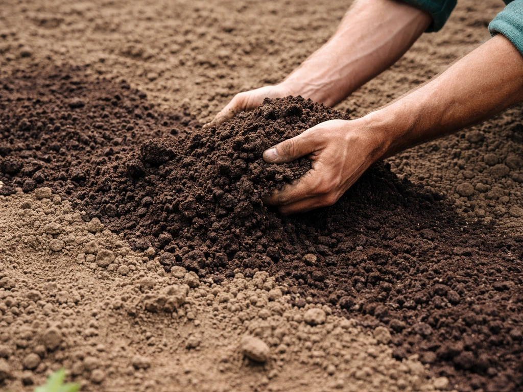 Hands spread dark compost over a raked coarse dirt seedbed, showing texture and soil contact.